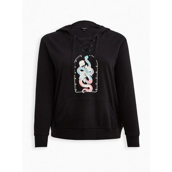 Torrid Lace Up Black Hoodie Cozy Fleece Snake Rose, size 2 - Picture 8 of 8